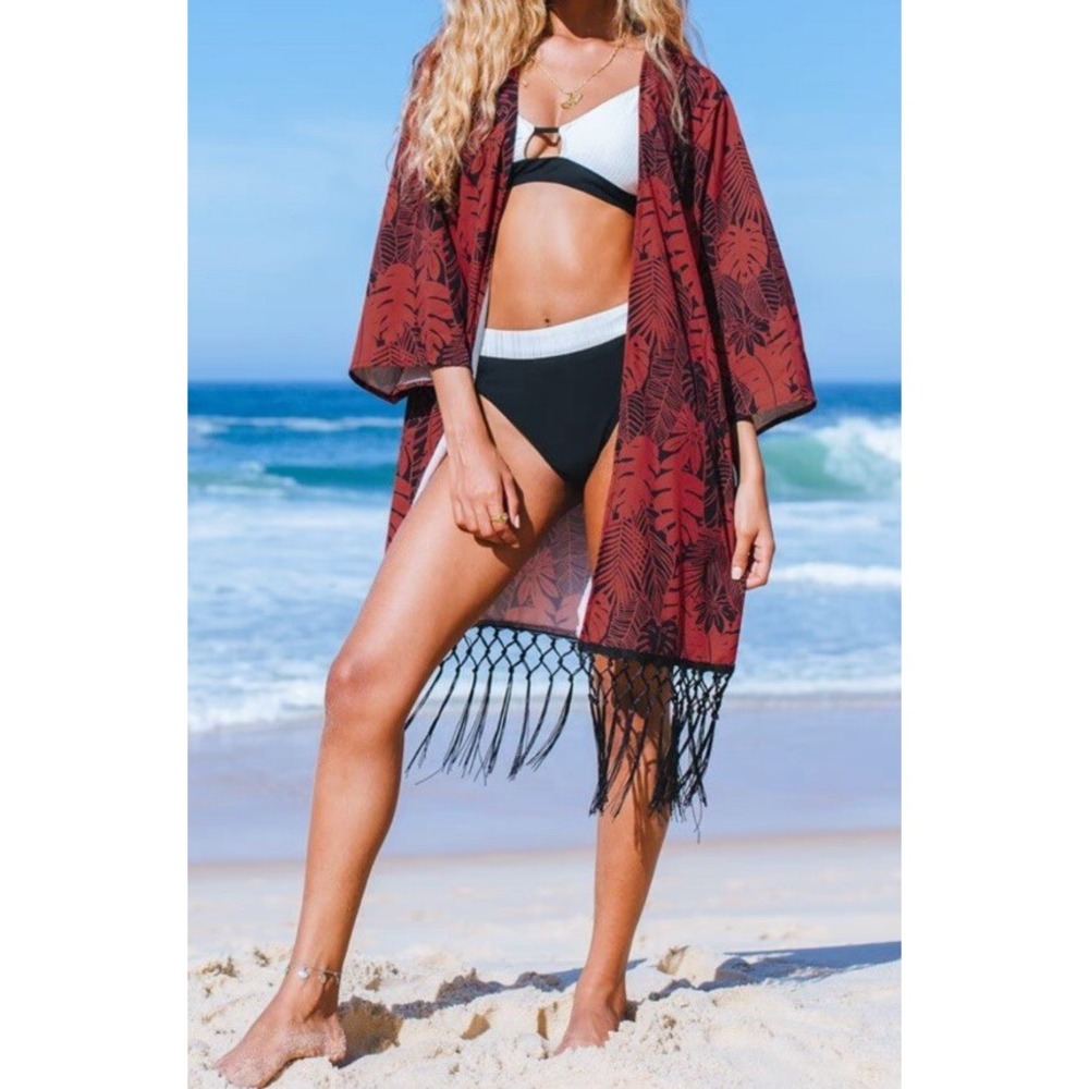 Cupshe Rust Red Leaf Print Fringe Swim Coverup